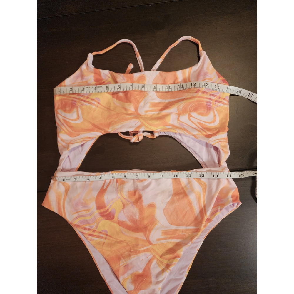 Aqua One piece Swimsuit Bathing Suit LARGE Pink Orange Yellow Swirl - Picture 7 of 16